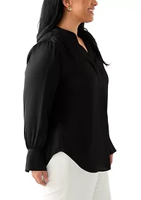 Plus Long Sleeve V-Neck Satin Pleated Blouse