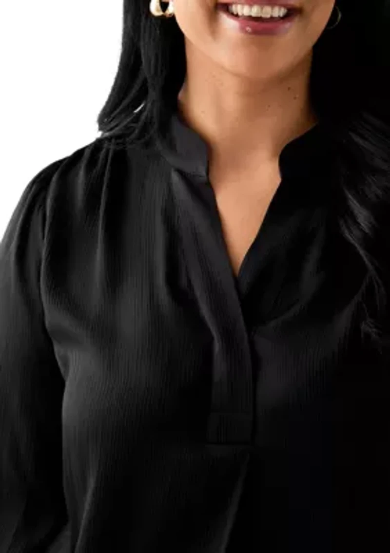 Plus Long Sleeve V-Neck Satin Pleated Blouse