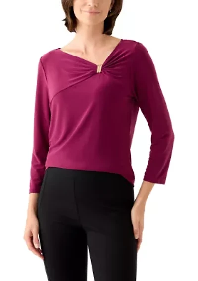 Women's 3/4 Sleeve Asymmetrical Gathered Twist Knot Top with Hardware