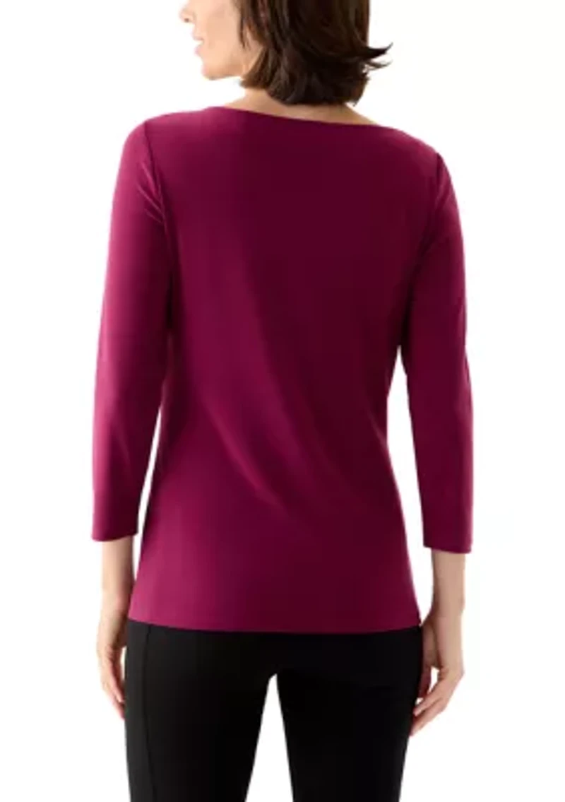 Women's 3/4 Sleeve Asymmetrical Gathered Twist Knot Top with Hardware