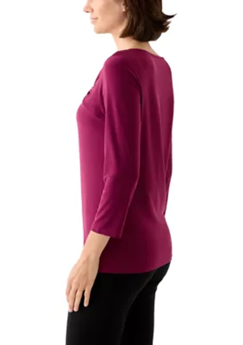 Women's 3/4 Sleeve Asymmetrical Gathered Twist Knot Top with Hardware