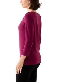 Women's 3/4 Sleeve Asymmetrical Gathered Twist Knot Top with Hardware