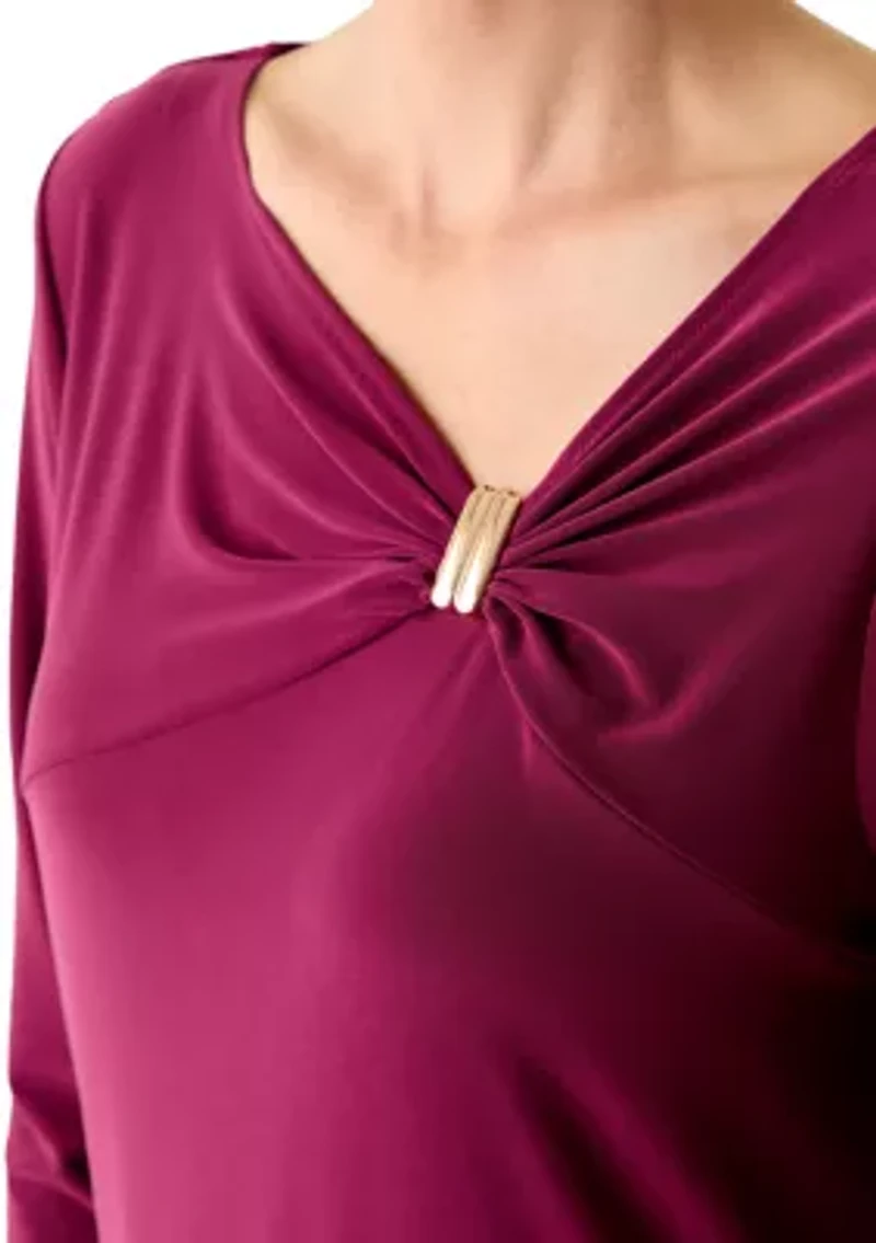 Women's 3/4 Sleeve Asymmetrical Gathered Twist Knot Top with Hardware