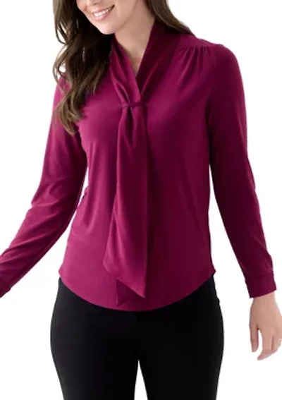 Petite Long Sleeve Mixed Media Front Tie Blouse