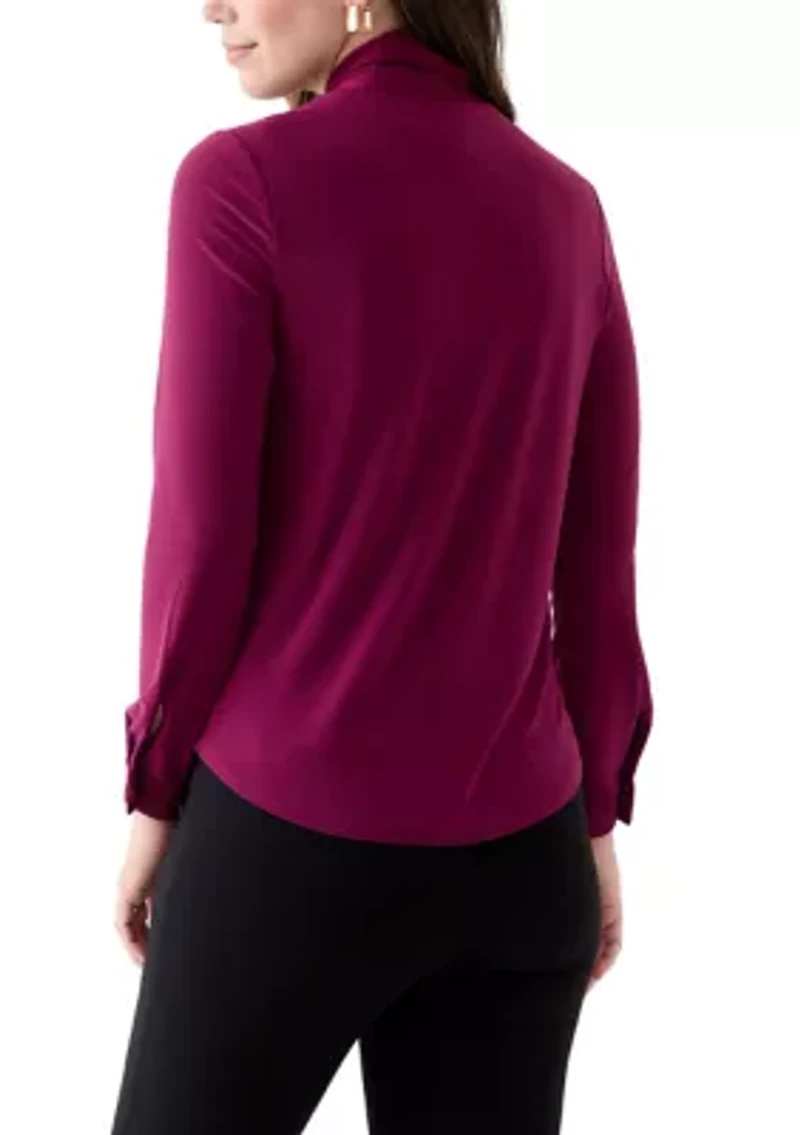 Petite Long Sleeve Mixed Media Front Tie Blouse