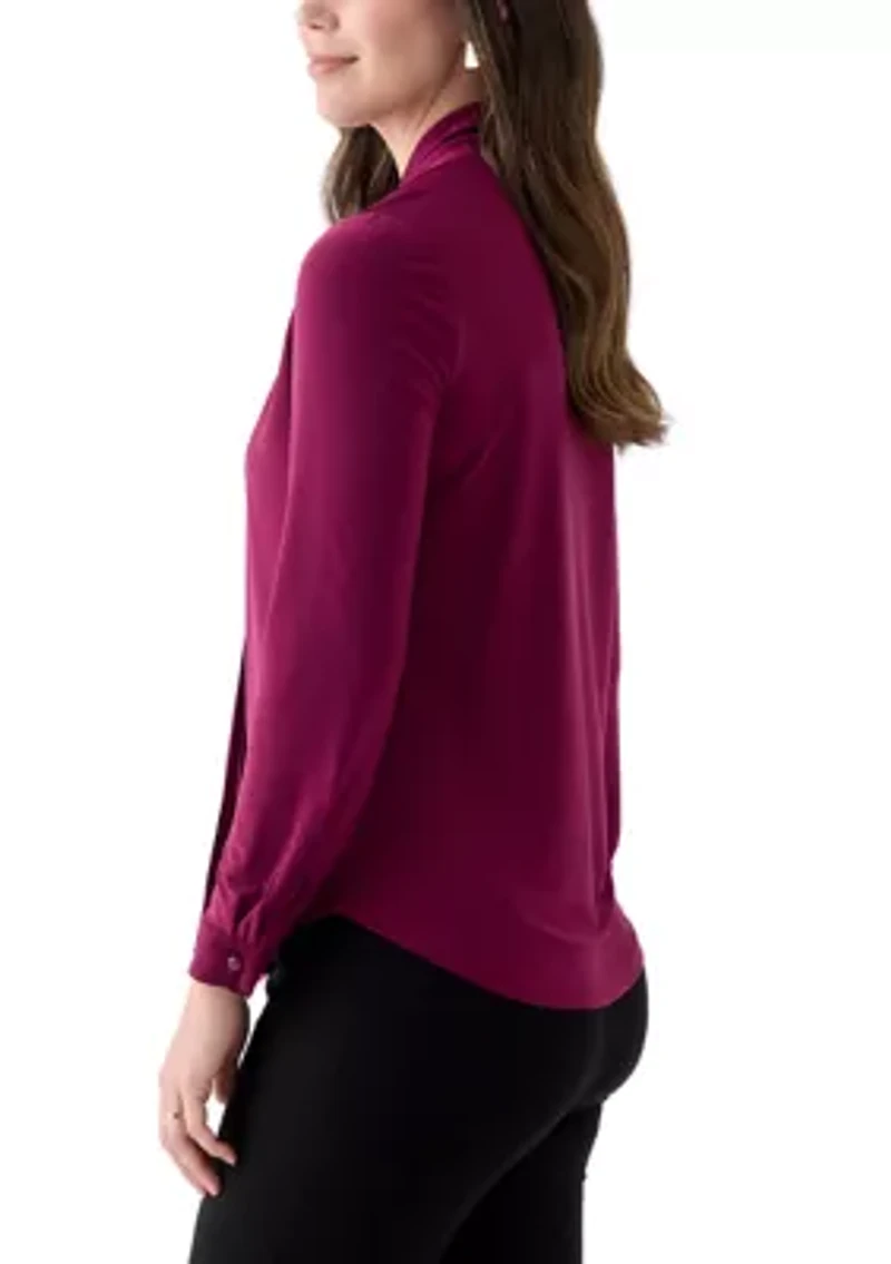 Petite Long Sleeve Mixed Media Front Tie Blouse