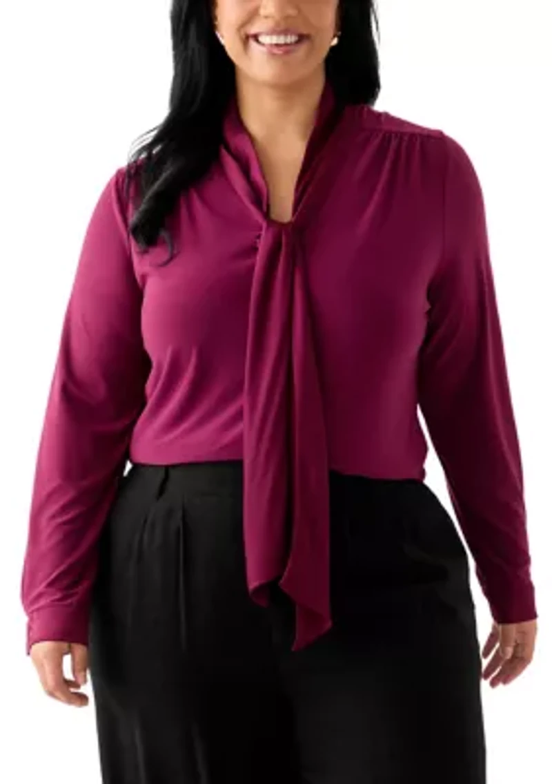 Plus Long Sleeve Mixed Media Tie Top