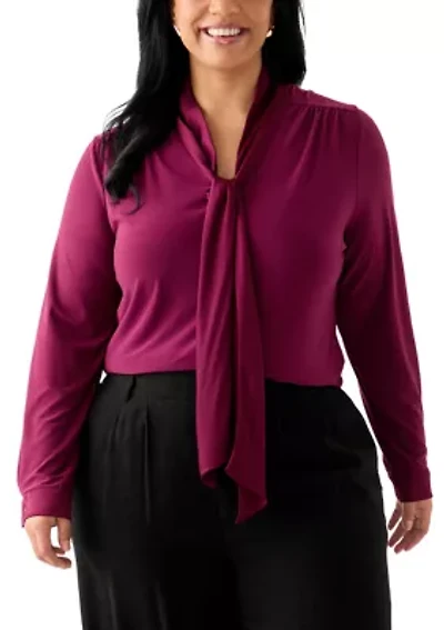 Plus Long Sleeve Mixed Media Tie Top