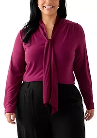 Plus Long Sleeve Mixed Media Tie Top