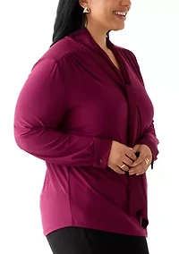 Plus Long Sleeve Mixed Media Tie Top