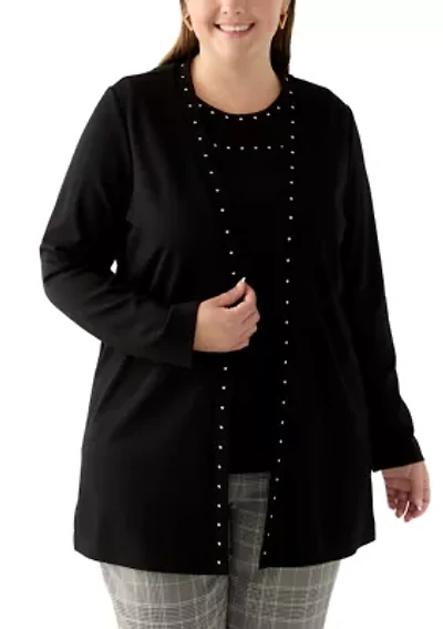 Plus Serenity Knit Open Cardigan with Heatset Trim