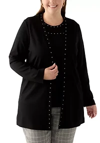 Plus Serenity Knit Open Cardigan with Heatset Trim
