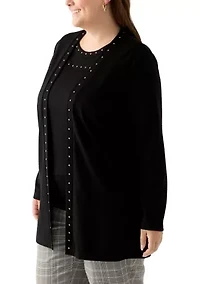 Plus Serenity Knit Open Cardigan with Heatset Trim