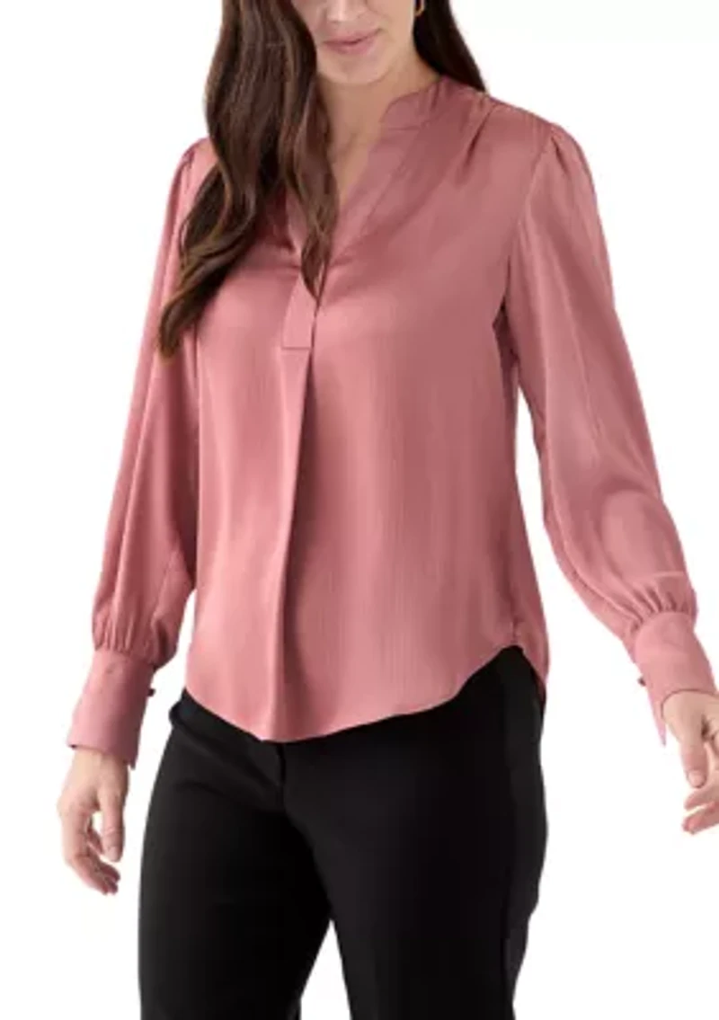 Women's Long Blouson Sleeve V-Neck Blouse