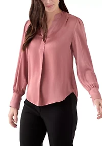 Women's Long Blouson Sleeve V-Neck Blouse