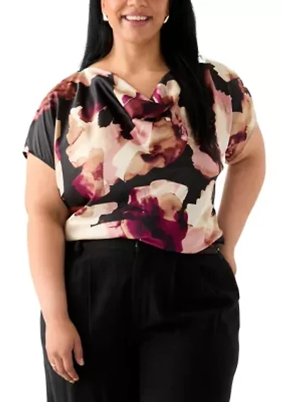 Plus Satin Blouse with Cowl Neck