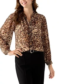 Women's Pleated Sleeve Button Front Top