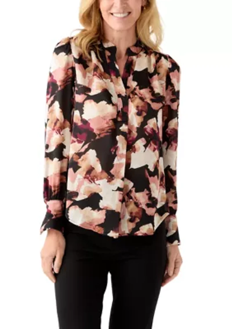 Women's Long-Sleeve V-Neck Pleated Top