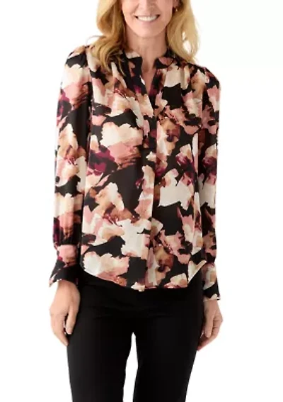 Women's Long-Sleeve V-Neck Pleated Top