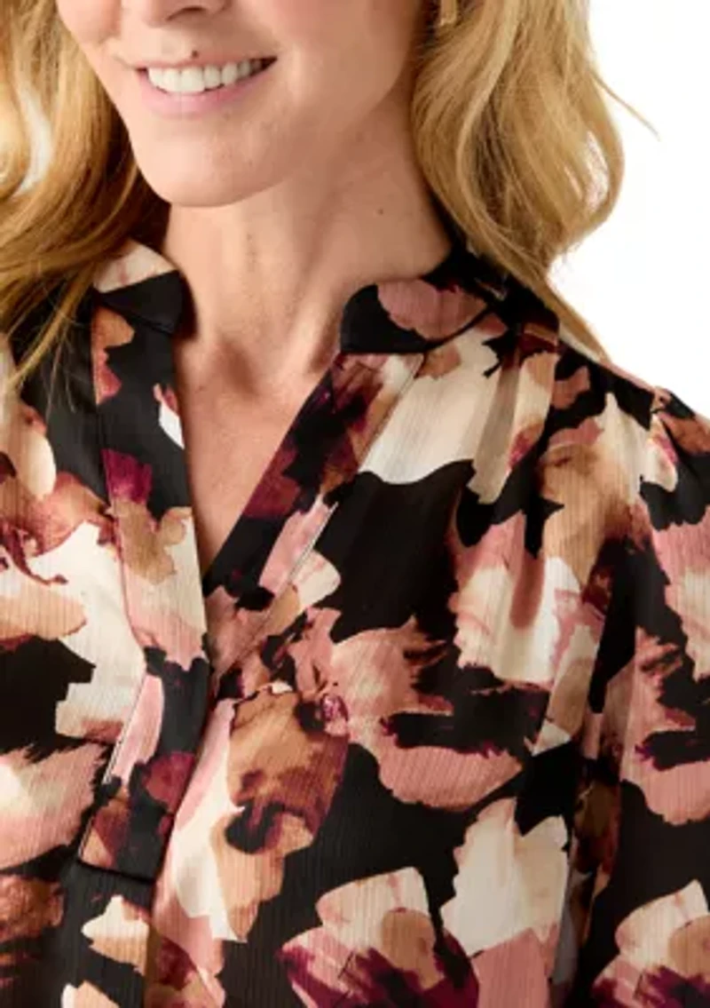 Women's Long-Sleeve V-Neck Pleated Top