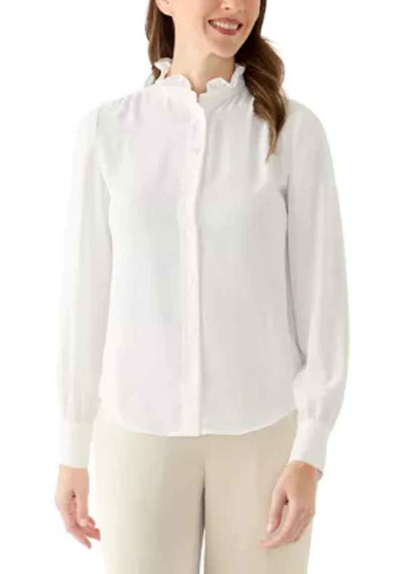 Women's Long Sleeve Collar Ruffle Button Front Blouse