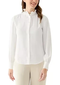 Women's Long Sleeve Collar Ruffle Button Front Blouse