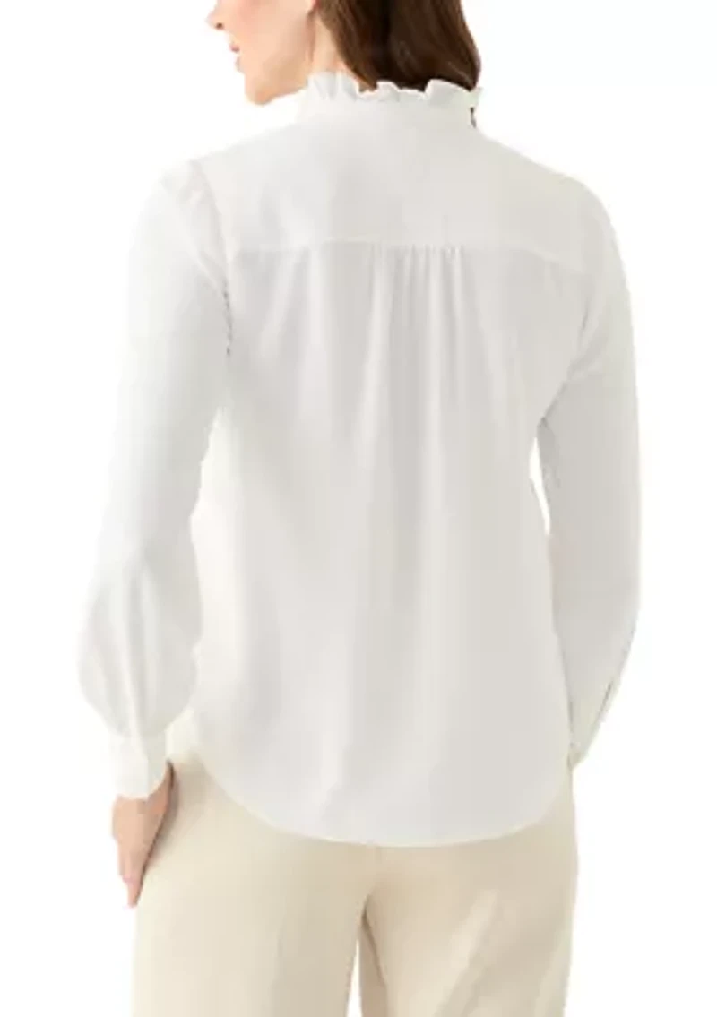 Women's Long Sleeve Collar Ruffle Button Front Blouse