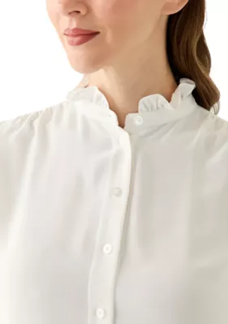 Women's Long Sleeve Collar Ruffle Button Front Blouse