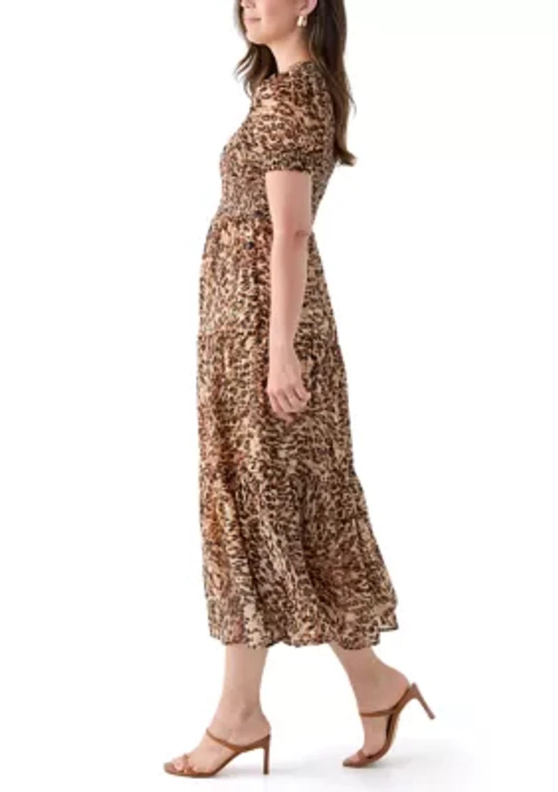 Women's Smocked Bodice Animal Print Maxi Dress