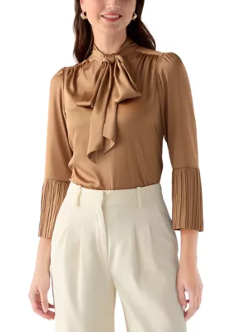 Petite Long Sleeve Tie Neck Bow Blouse