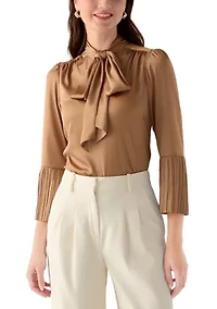 Petite Long Sleeve Tie Neck Bow Blouse