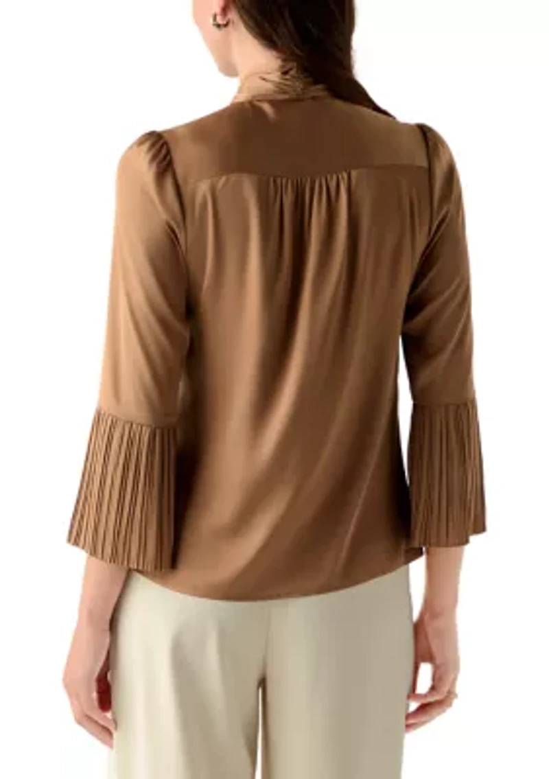 Petite Long Sleeve Tie Neck Bow Blouse
