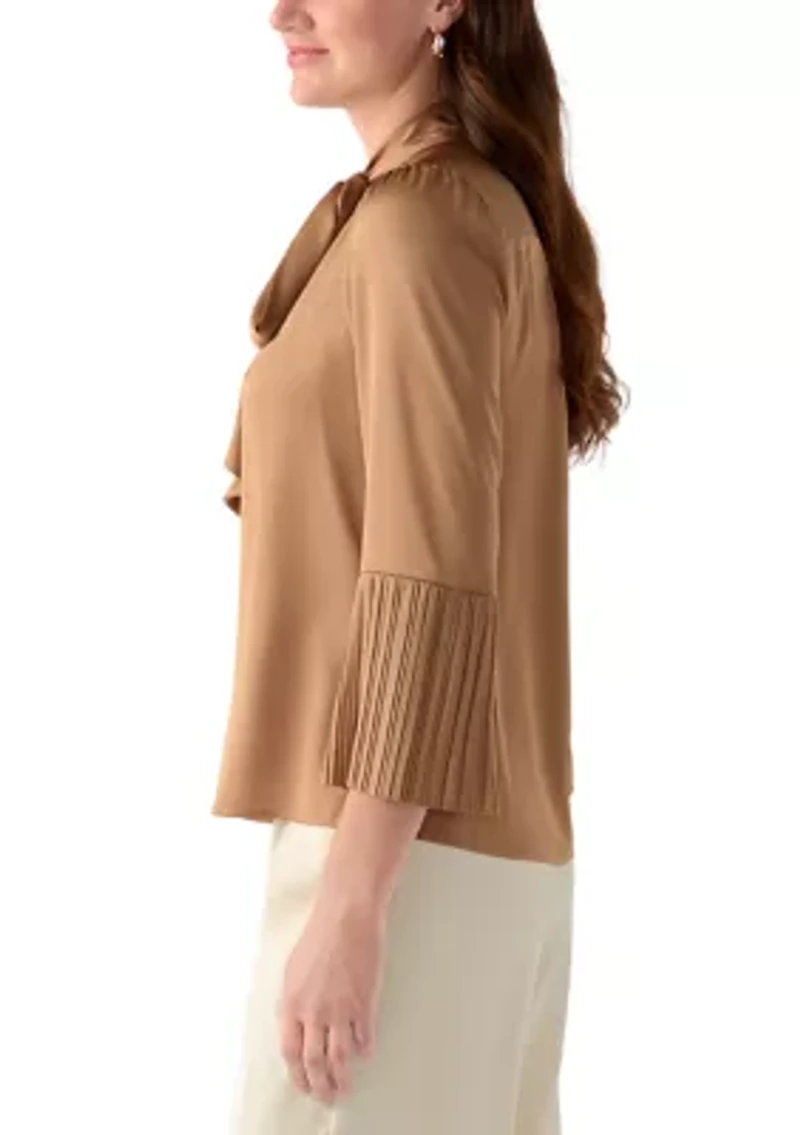 Petite Long Sleeve Tie Neck Bow Blouse