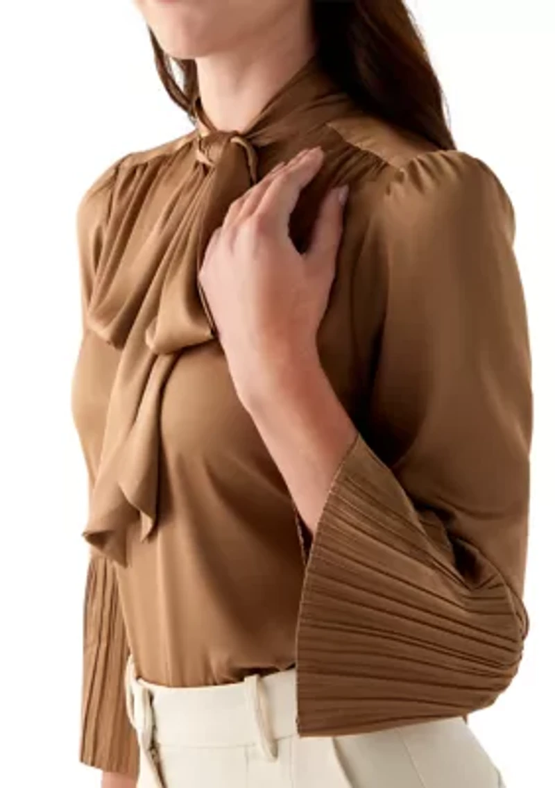 Petite Long Sleeve Tie Neck Bow Blouse