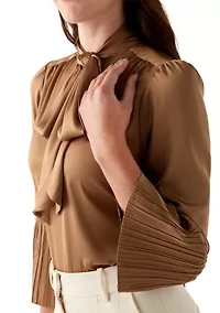 Petite Long Sleeve Tie Neck Bow Blouse