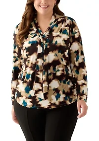 Plus Long Sleeve Jersey Top with Fixed Front Tie