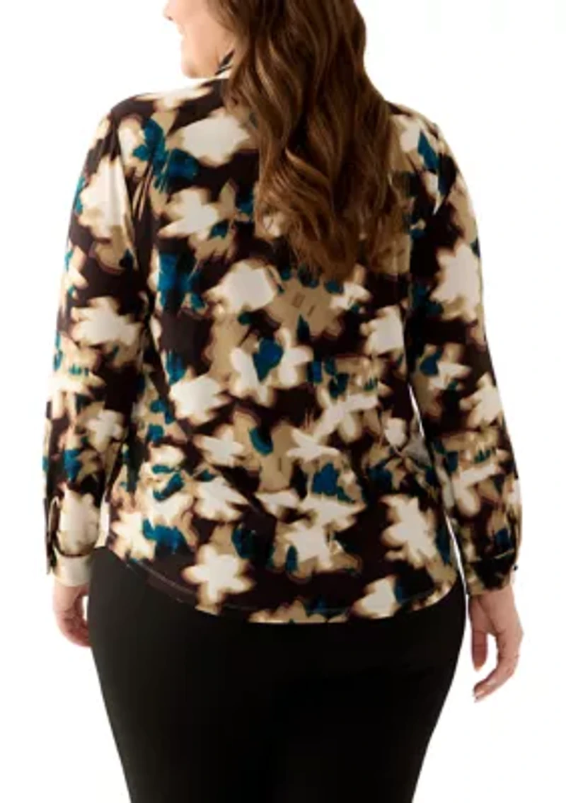 Plus Long Sleeve Jersey Top with Fixed Front Tie