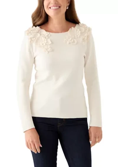 Petite Long Sleeve Floral Embroidered Boat Neck Sweater