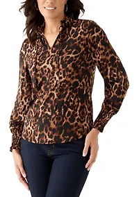 Women's Long Sleeve Smocked Cuff Top with Ruffle Neck