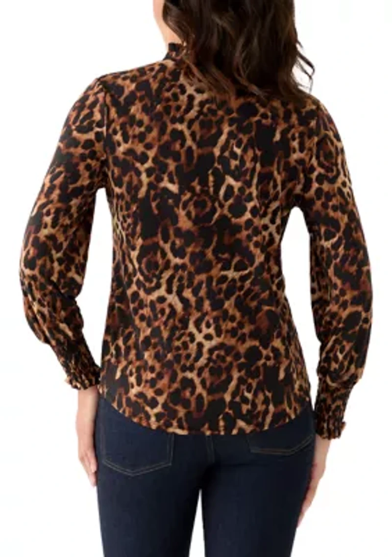 Women's Long Sleeve Smocked Cuff Top with Ruffle Neck