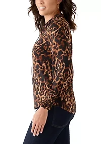 Women's Long Sleeve Smocked Cuff Top with Ruffle Neck