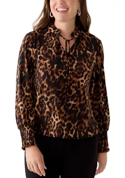 Petite Smocked Cuff Tie Neck Blouse