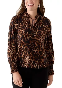 Petite Smocked Cuff Tie Neck Blouse