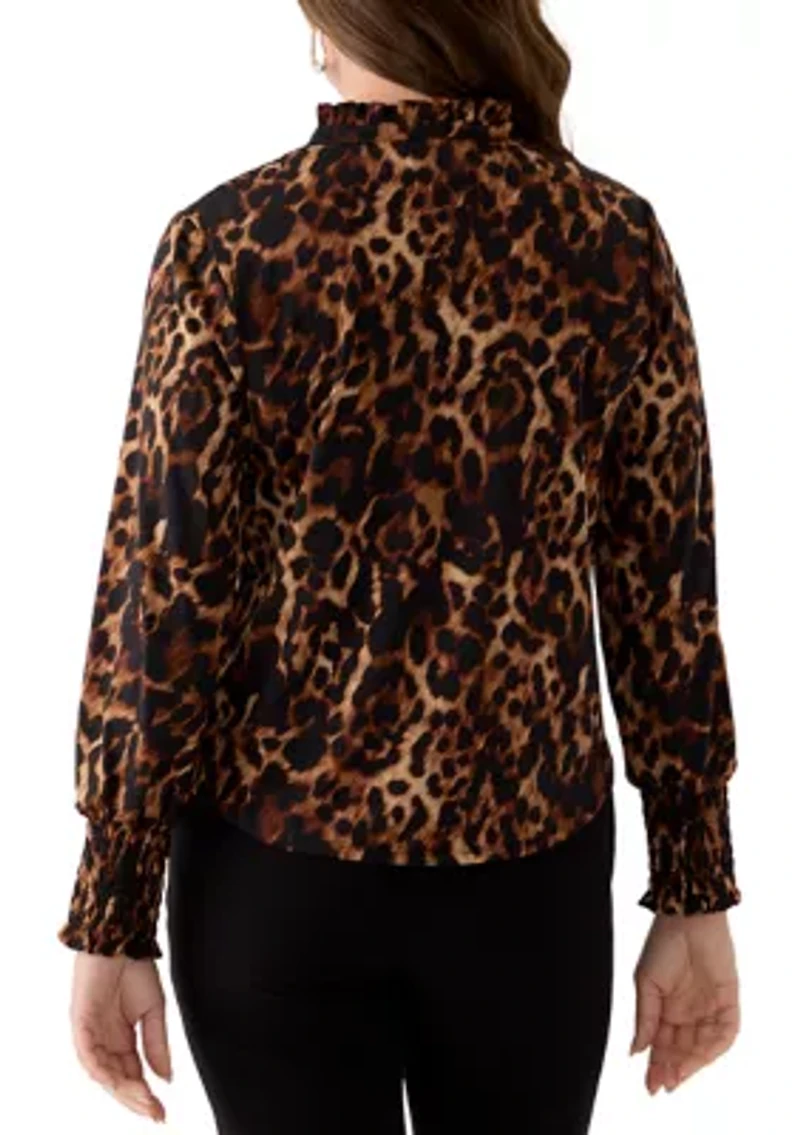 Petite Smocked Cuff Tie Neck Blouse