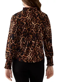 Petite Smocked Cuff Tie Neck Blouse