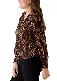 Petite Smocked Cuff Tie Neck Blouse