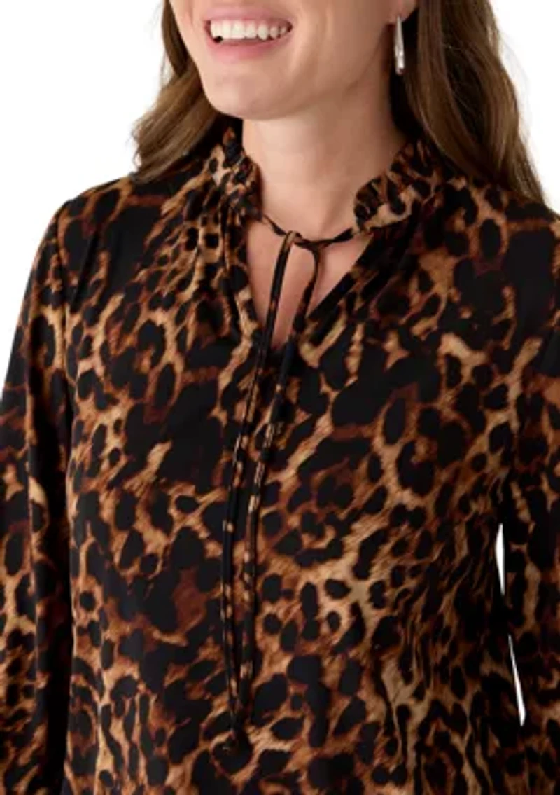 Petite Smocked Cuff Tie Neck Blouse