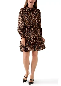 Petite Long Sleeve Ruffle Button Front Short Dress