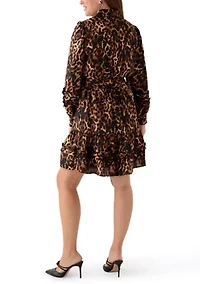 Petite Long Sleeve Ruffle Button Front Short Dress