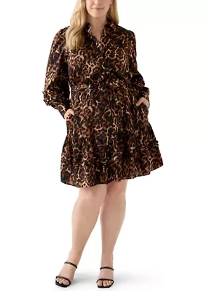 Plus Sized Long Sleeve Ruffle Shirt Dress with Satin Twill